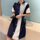 Short-sleeve Paneled A-line Dress Navy Blue - One Size