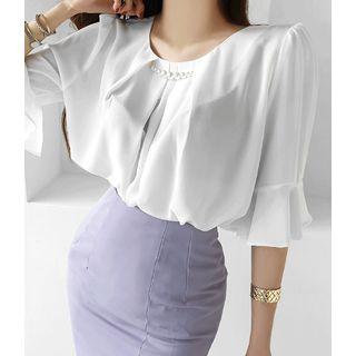 Ruffle-sleeve Faux-pearl Trim Blouse