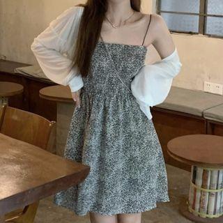 Cropped Cardigan / Spaghetti Strap Floral Mini A-line Dress