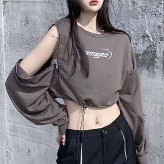 Zip Cold-shoulder Lettering Cropped Sweatshirt