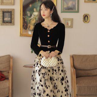 Set: Plain Blouse + Midi A-line Skirt With Belt