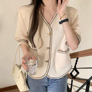Elbow-sleeve Contrast Trim Button-up Crop Top