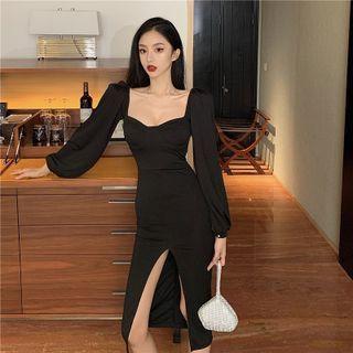 Long-sleeve Plain Slit Sheath Dress