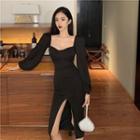 Long-sleeve Plain Slit Sheath Dress