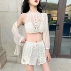 Crochet Sleeveless Cropped Top / Open Knit Cardigan / Shorts