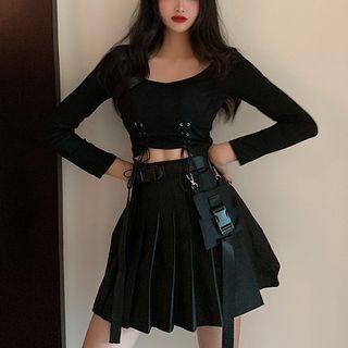 Lace Up Long-sleeve T-shirt / Mini Pleated Skirt