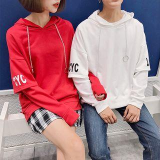Couple Matching Lettering Mock Two Piece Hoodie