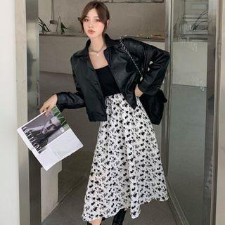 Spaghetti Strap Floral Print Midi A-line Dress / Faux Leather Button Jacket