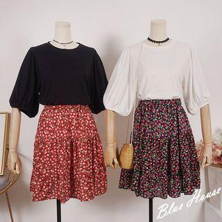 Set: Short-sleeve T-shirt + Mini Cherry Print A-line Skirt