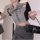 Short-sleeve Collar Plaid Cutout Lace-up Crop Top Gray - One Size