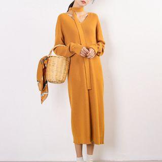 V-neck Long-sleeve Knit Dress With Tie