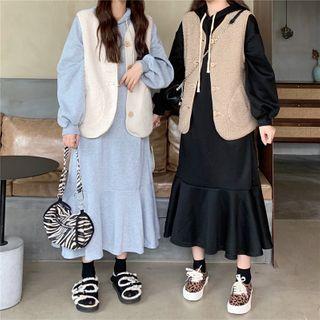 Hooded Drawstring Fish Tail Sweatshirt Skirt + Cardigan Tank Top