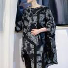 Printed Irregular Strappy Batwing-sleeve T-shirt Black - One Size