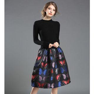 Butterfly Print Panel Long Sleeve A-line Dress