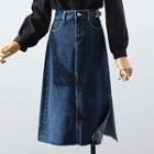Denim Midi A-line Skirt / Ruffle Trim Blouse