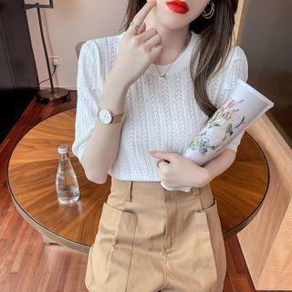 Short-sleeve Plain Open Knit Top White - One Size