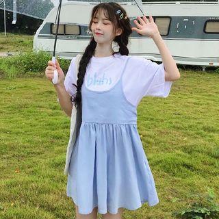 Mock Two-piece Short-sleeve Lettering Mini Dress