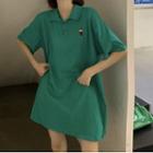 Elbow-sleeve Mini Polo Shirt Dress Green - One Size