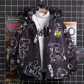 Bear Print Zipped Hooded Jacket
