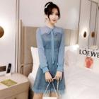 Long-sleeve Tie Neck Mini A-line Dress