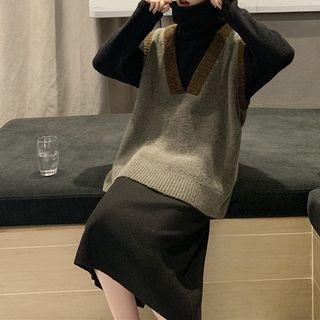 Set: V-neck Knit Vest + Turtleneck Long-sleeve Midi Knit Dress