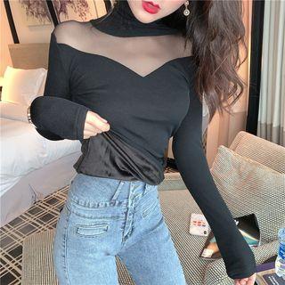 Long-sleeve Mesh-panel Lace Top