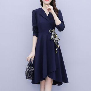 Long-sleeve Open-collar Tie-waist A-line Dress