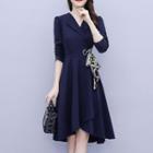 Long-sleeve Open-collar Tie-waist A-line Dress