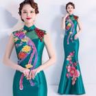 Short-sleeve Floral Applique Mermaid Maxi Qipao Dress
