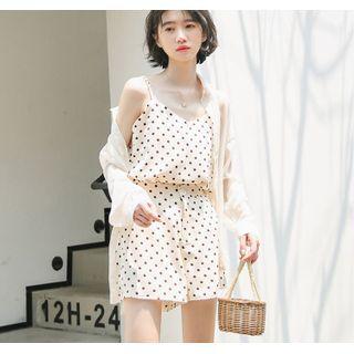Set: Spaghetti Strap Dotted Top +wide-leg Shorts Set - Top - Almond - One Size / Shorts - Almond - One Size