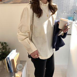 Long-sleeve Stand Collar Blouse Almond - One Size