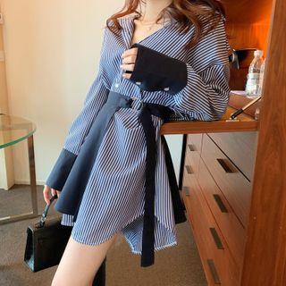 Set: Striped Mini A-line Shirt Dress + Skirt