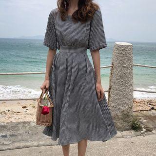 Cutout Back Plaid Short-sleeve Midi Dress