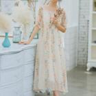 Elbow-sleeve Lace Trim Floral A-line Midi Chiffon Dress