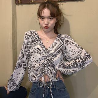 Puff-sleeve Patterned Drawstring Cropped Blouse