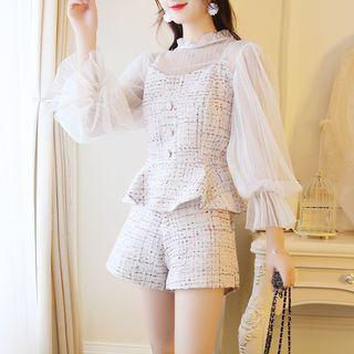 Set: Mock-neck Long-sleeve Top + Tweed Camisole Top + Tweed Shorts