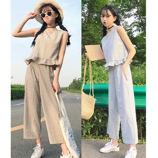 Set: Plaid Tank Top + Cropped Wide-leg Pants