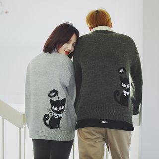 Couple Matching Cat Applique Mock Collar Sweater