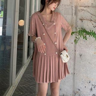 Double Breast Lace Trim Pleated Dress