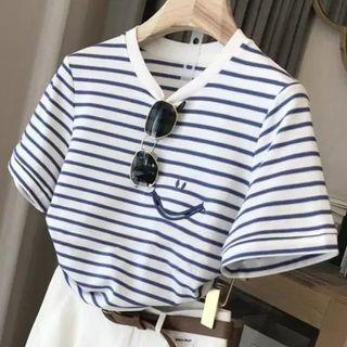 Short-sleeve Striped Smiley Face T-shirt