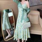 Set: Spaghetti Strap Floral Print Midi Dress + Chiffon Jacket
