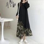 Long-sleeve Round-neck Camouflage Print Panel Asymmetrical Dress Black - One Size