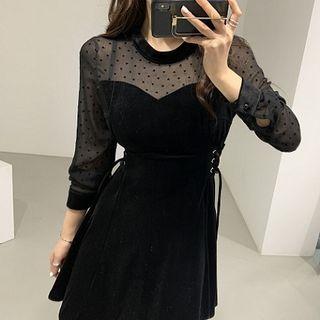 Crewneck Panel Velvet Slim-fit High-waist A-line Long-sleeve Dress