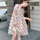 Elbow-sleeve Dotted Mesh A-line Dress