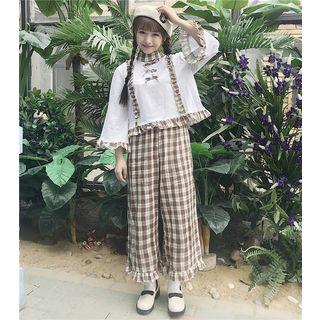 Set: Ruffle Trim Bell-sleeve Pullover + Plaid Wide Leg Pants