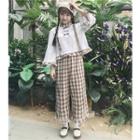Set: Ruffle Trim Bell-sleeve Pullover + Plaid Wide Leg Pants