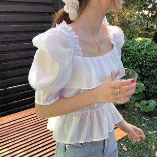 Square Neck Ruffle Trim Cropped Blouse