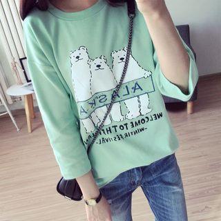 3/4-sleeve Polar Bear Print T-shirt