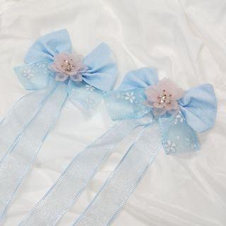 Fabric Bow & Flower Hair Clip 1 Pair - Blue - One Size