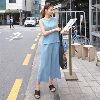 Set: Linen Blend Sleeveless Top + Band-waist Pants